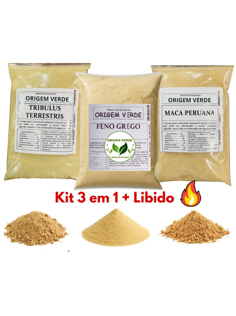Super Kit Energia (Maca, Tr1b ullos, Feno Grego) 100% Natural C/Laudo de pureza - 100g cada - Origem Verde